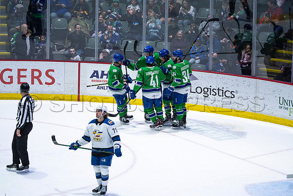 Sun, March 13, 2022 Abbotsford Canucks take Colorado Eagles 5–4 in OT at Abbotsford Event Centre in Abbotsford, BC