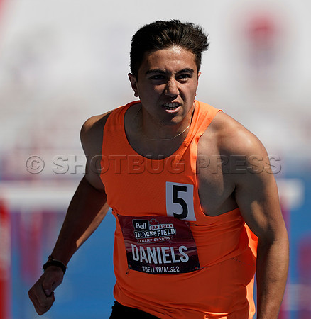 Joey Daniels of Berlin Athletics wins the Senior Men's 110 Metre Hurdle with a time of 13.96 at the Canadian Track and Field Championships in Langley, BC Canada, 26 Jun 2022