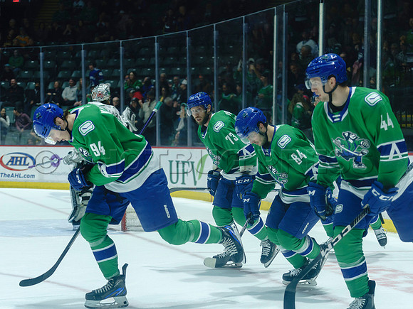 The Abbotsford Canucks come back to defeat the Ontario Reign 4-3 in OT, at the Abbotsford Event Centre, in Abbotsford, Apr 7, 2023