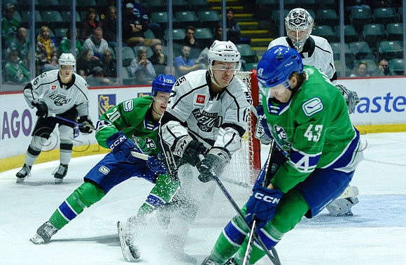 The Abbotsford Canucks come back to defeat the Ontario Reign 4-3 in OT, at the Abbotsford Event Centre, in Abbotsford, Apr 7, 2023