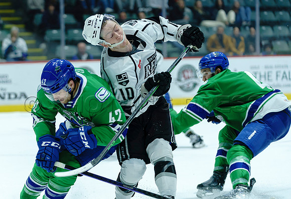 The Abbotsford Canucks come back to defeat the Ontario Reign 4-3 in OT, at the Abbotsford Event Centre, in Abbotsford, Apr 7, 2023
