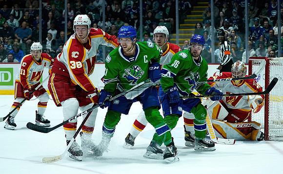 Wes Shaw Calgary Wranglers defeat the Abbotsford Canucks 3-2  20230505 -4479-SharpenAI-Standard