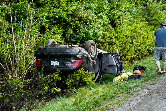 Car rollover Sunday, April 25, 2021 on Trans Canada leaves 27 year old male shaken up and thankful to be alive.