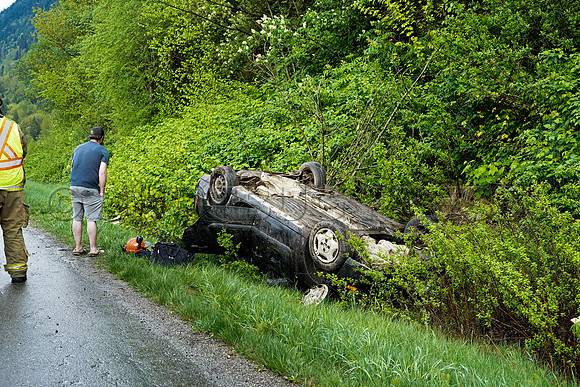 Car rollover Sunday, April 25, 2021 on Trans Canada leaves 27 year old male shaken up and thankful to be alive.