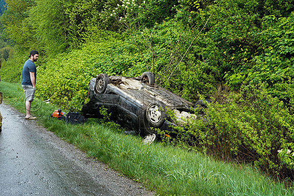 Car rollover Sunday, April 25, 2021 on Trans Canada leaves 27 year old male shaken up and thankful to be alive.