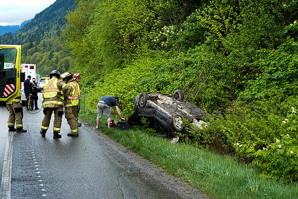 Car rollover Sunday, April 25, 2021 on Trans Canada leaves 27 year old male shaken up and thankful to be alive.