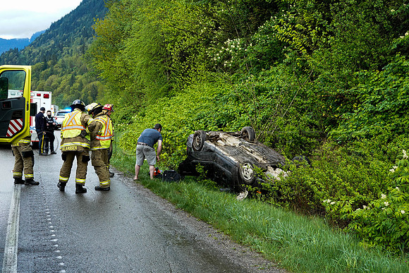 Car rollover Sunday, April 25, 2021 on Trans Canada leaves 27 year old male shaken up and thankkful to be alive.