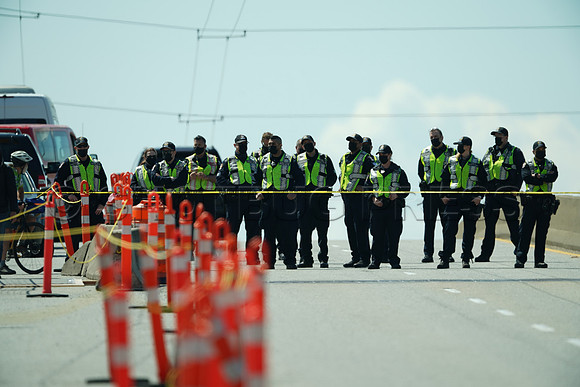 Extinction Rebellion blocks Granville Street Bridge in Vancouver, May 2, 2021