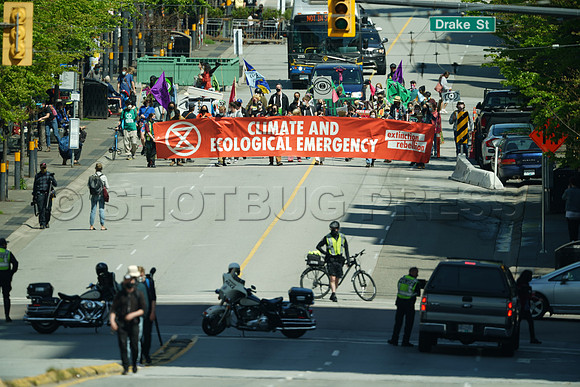 Extinction Rebellion blocks Granville Street Bridge in Vancouver, May 2, 2021