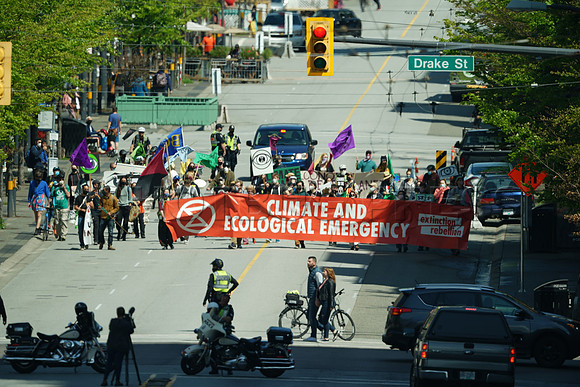 Extinction Rebellion blocks Granville Street Bridge in Vancouver, May 2, 2021