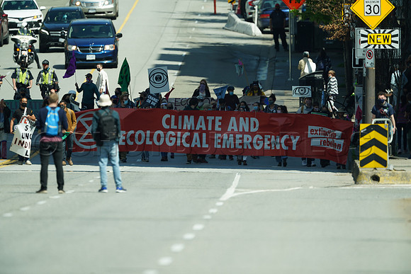 Extinction Rebellion blocks Granville Street Bridge in Vancouver, May 2, 2021