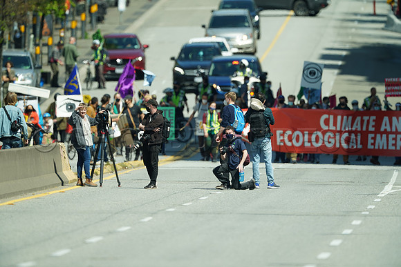 Extinction Rebellion blocks Granville Street Bridge in Vancouver, May 2, 2021