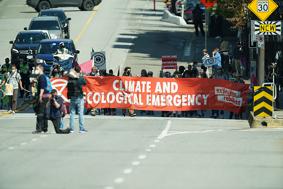 Extinction Rebellion blocks Granville Street Bridge in Vancouver, May 2, 2021