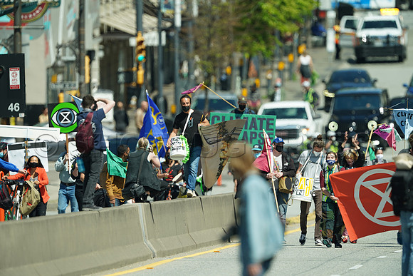 Extinction Rebellion blocks Granville Street Bridge in Vancouver, May 2, 2021