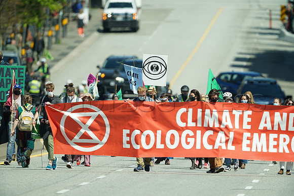 Extinction Rebellion blocks Granville Street Bridge in Vancouver, May 2, 2021