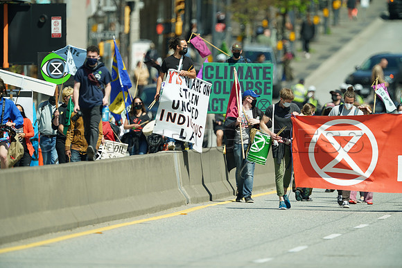 Extinction Rebellion blocks Granville Street Bridge in Vancouver, May 2, 2021