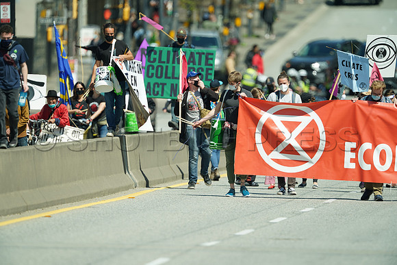 Extinction Rebellion blocks Granville Street Bridge in Vancouver, May 2, 2021