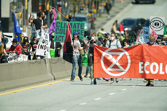 Extinction Rebellion blocks Granville Street Bridge in Vancouver, May 2, 2021
