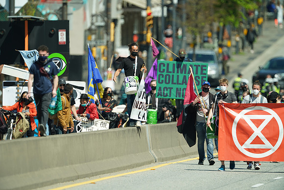 Extinction Rebellion blocks Granville Street Bridge in Vancouver, May 2, 2021