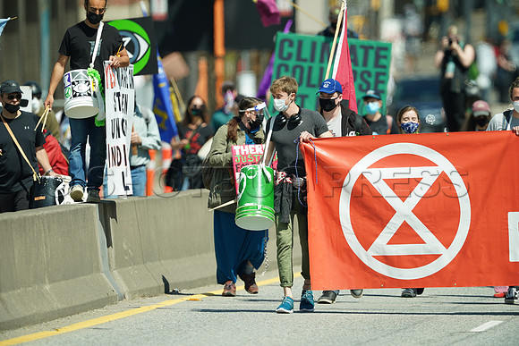 Extinction Rebellion blocks Granville Street Bridge in Vancouver, May 2, 2021