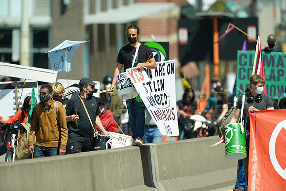 Extinction Rebellion blocks Granville Street Bridge in Vancouver, May 2, 2021