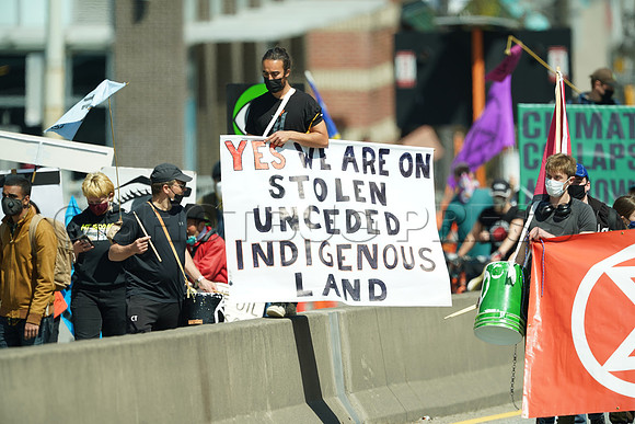 Extinction Rebellion blocks Granville Street Bridge in Vancouver, May 2, 2021
