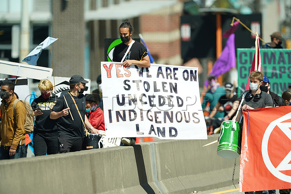 Extinction Rebellion blocks Granville Street Bridge in Vancouver, May 2, 2021