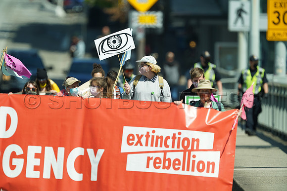 Extinction Rebellion blocks Granville Street Bridge in Vancouver, May 2, 2021
