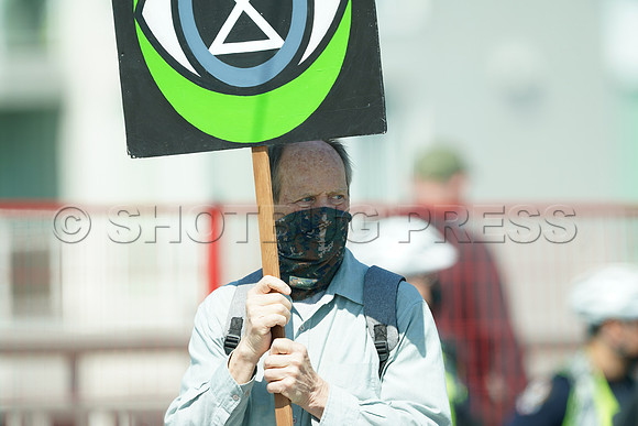Extinction Rebellion blocks Granville Street Bridge in Vancouver, May 2, 2021