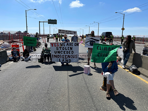 Extinction Rebellion blocks Granville Street Bridge in Vancouver, May 2, 2021