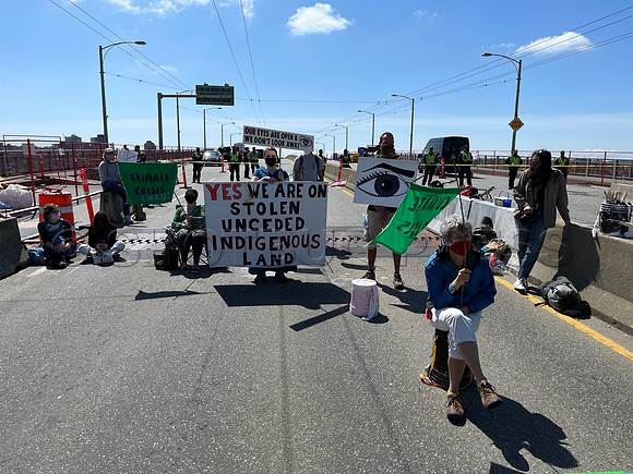 Extinction Rebellion blocks Granville Street Bridge in Vancouver, May 2, 2021