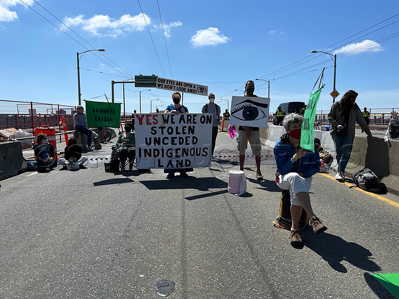 Extinction Rebellion blocks Granville Street Bridge in Vancouver, May 2, 2021