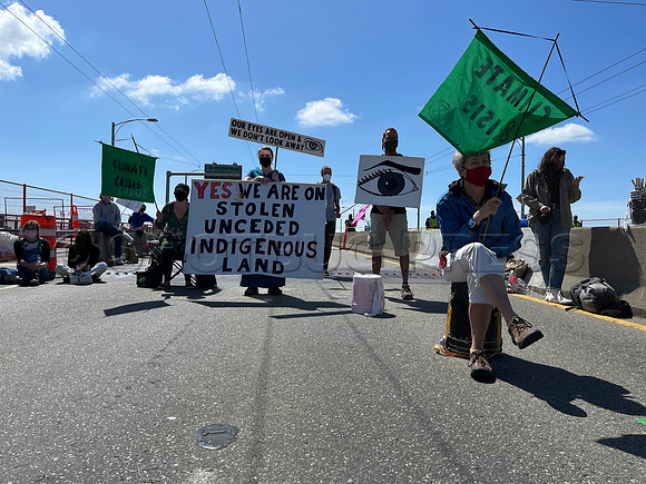Extinction Rebellion blocks Granville Street Bridge in Vancouver, May 2, 2021