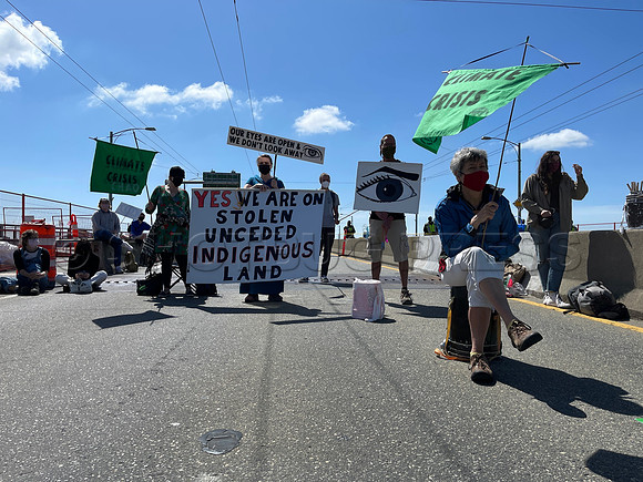 Extinction Rebellion blocks Granville Street Bridge in Vancouver, May 2, 2021