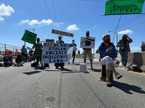 Extinction Rebellion blocks Granville Street Bridge in Vancouver, May 2, 2021