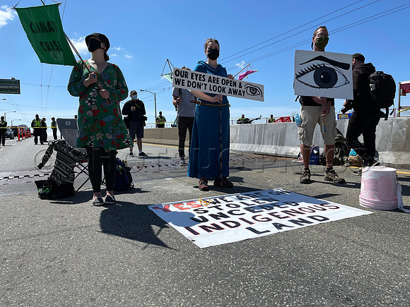 Extinction Rebellion blocks Granville Street Bridge in Vancouver, May 2, 2021