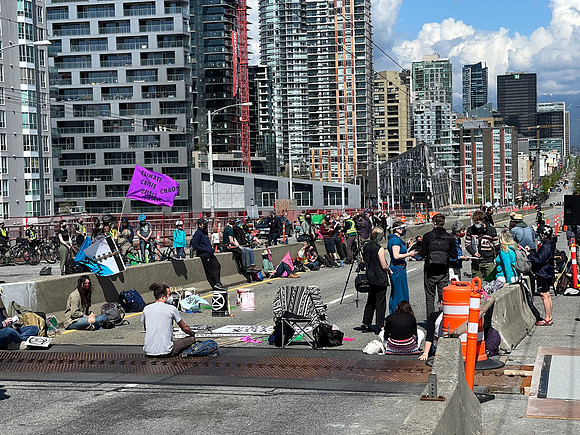 Extinction Rebellion blocks Granville Street Bridge in Vancouver, May 2, 2021