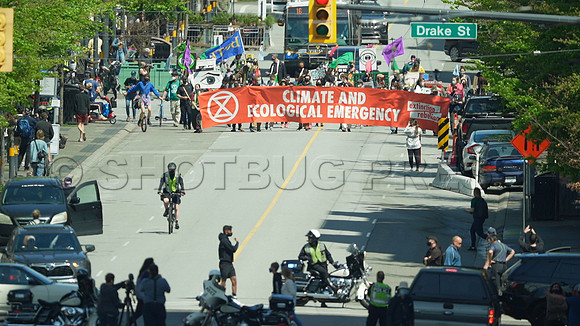 Extinction Rebellion blocks Granville Street Bridge in Vancouver, May 2, 2021