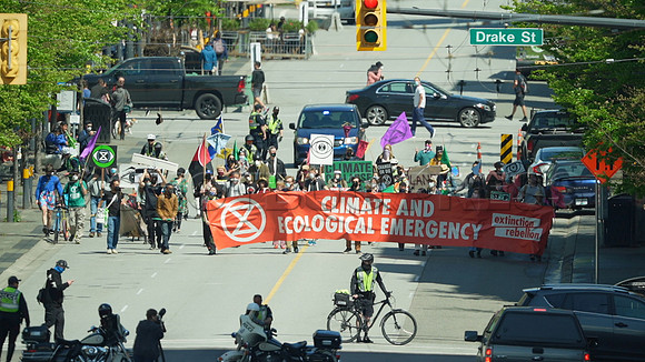 Extinction Rebellion blocks Granville Street Bridge in Vancouver, May 2, 2021