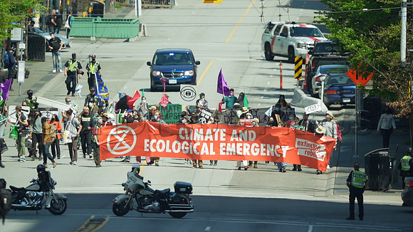 Extinction Rebellion blocks Granville Street Bridge in Vancouver, May 2, 2021
