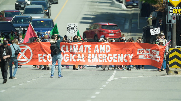 Extinction Rebellion blocks Granville Street Bridge in Vancouver, May 2, 2021