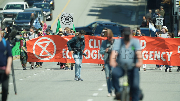 Extinction Rebellion blocks Granville Street Bridge in Vancouver, May 2, 2021