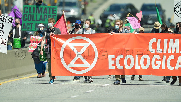 Extinction Rebellion blocks Granville Street Bridge in Vancouver, May 2, 2021