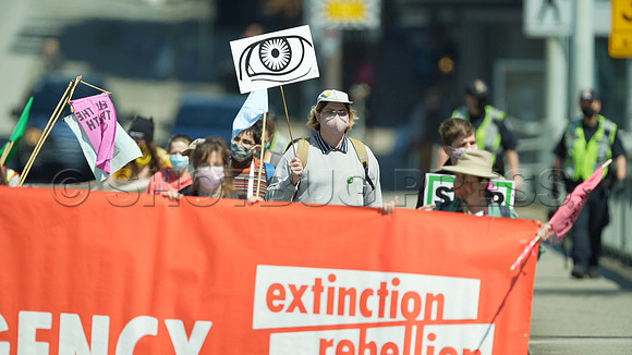 Extinction Rebellion blocks Granville Street Bridge in Vancouver, May 2, 2021