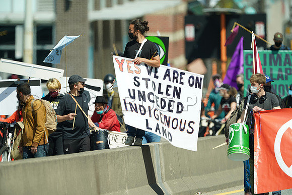 Extinction Rebellion blocks Granville Street Bridge in Vancouver, May 5, 2021