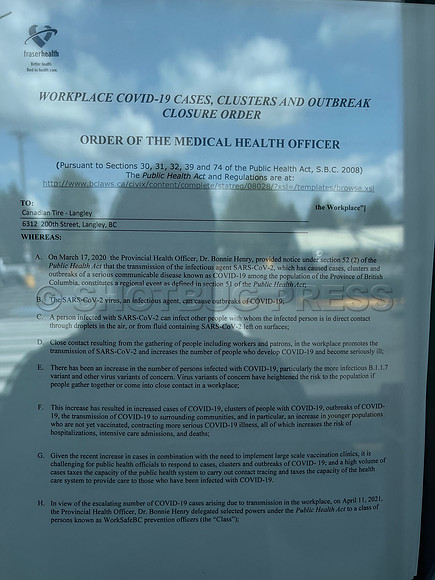 Canadian Tire Langley forced to close doors due to Covid 19 outbreak.