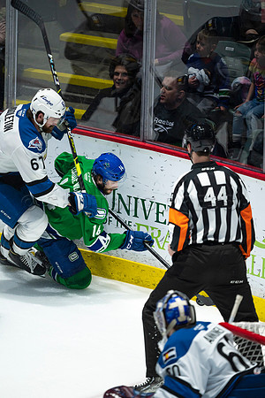 Sun, March 13, 2022 Abbotsford Canucks take Colorado Eagles 5–4 in OT at Abbotsford Event Centre in Abbotsford, BC