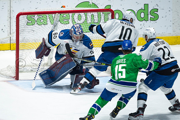 Sun, March 13, 2022 Abbotsford Canucks take Colorado Eagles 5–4 in OT at Abbotsford Event Centre in Abbotsford, BC
