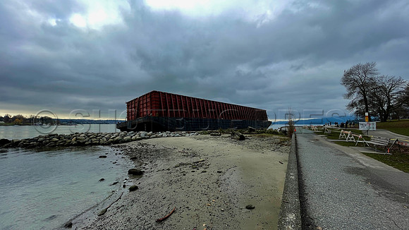 Un-moored barge runs aground November 15, 2021 at Vancouver seawall following an atmospheric river rainstorm.