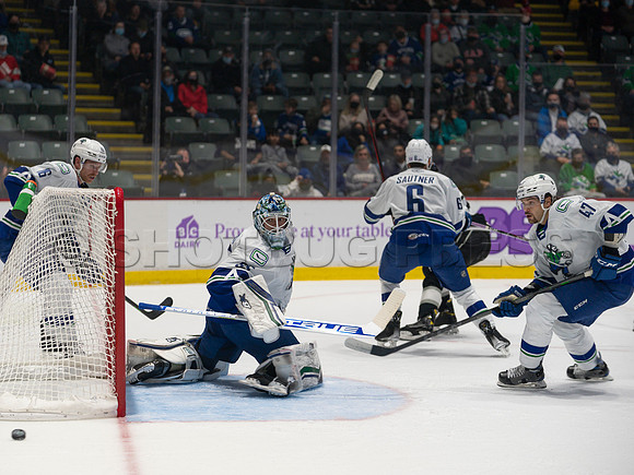 Nov 30, 2021, Abbotsford Canucks defeat Ontario Reign 3-2 in Abbotsford, BC, Canada